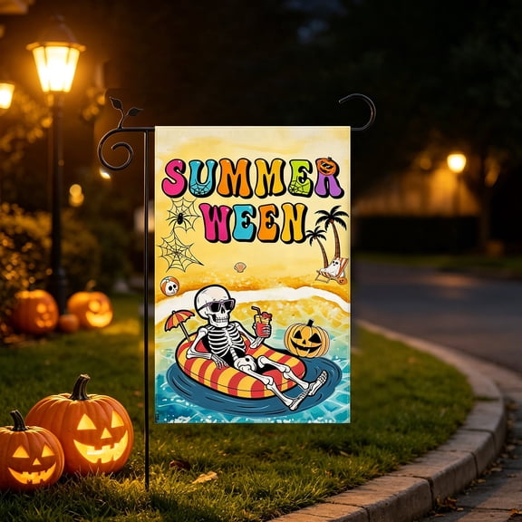 Summerween Decor Garden Flag 1×1.5FT, Beach Skeleton Pumpkin Yard Flag, Summer Halloween Outdoor Yard Decor for Holiday Party