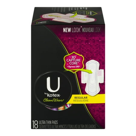 U by Kotex CleanWear Ultra Thin Pads with Wings, Regular, Unscented, 18 Ct