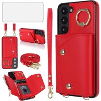 Phone Case for Samsung Galaxy S22 Plus S22 5G Wallet Cover with Screen Protector and Ring Stand Credit Card Holder Slot Crossbody Strap Cell S22 5G S22plus 22S S 22 22 Women Girls Men Red