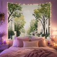 thumbnail image 2 of Tree-Lined Street in a Hazy Green City, Dreamy Illustration for City Lovers, Urban Landscape Art, Housewarming Gift, Tapestry Wall Hanging for Bedroom and Living Room, 2 of 7