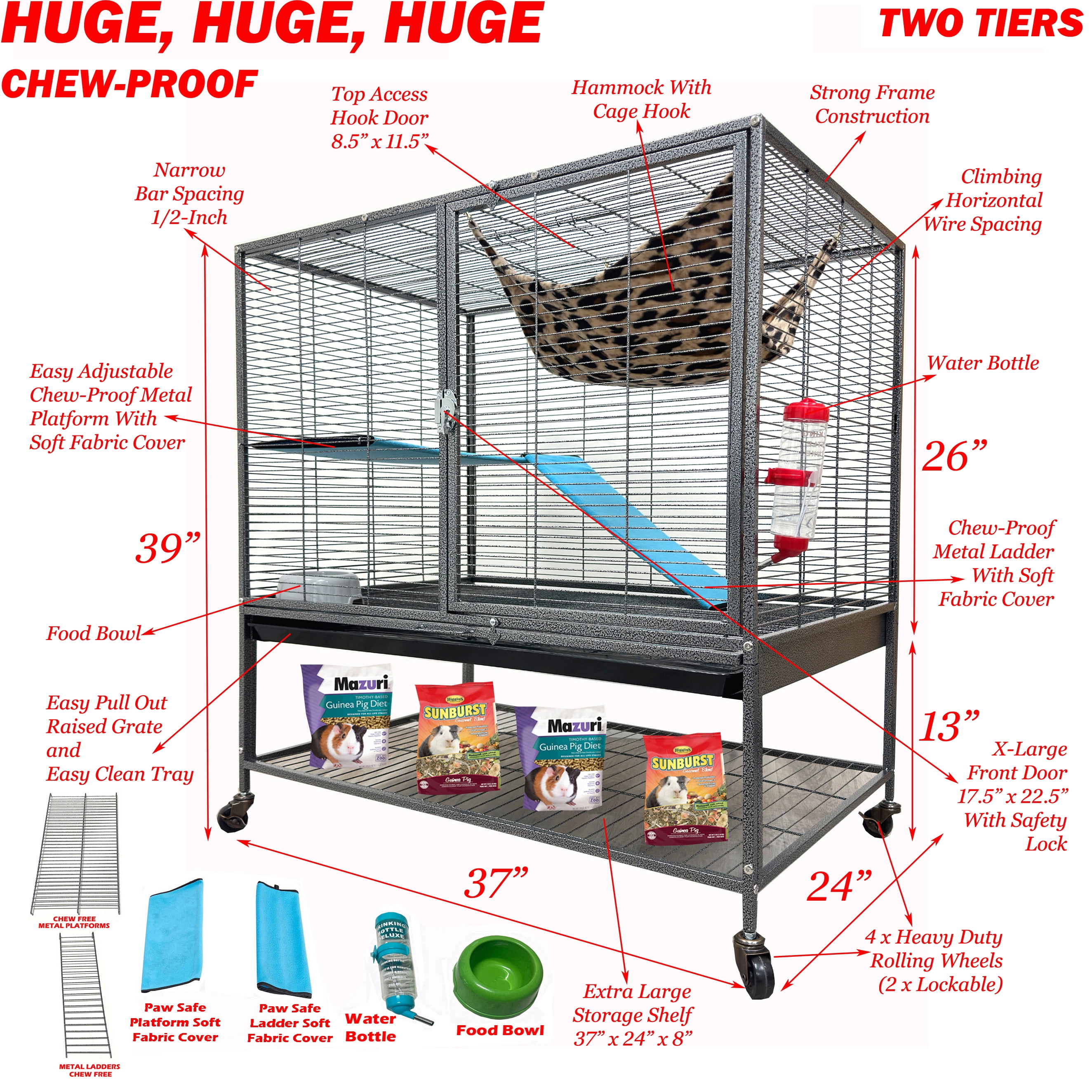 XX-Large 37"x24"x39"H Two-Tiers Tight 1/2-Inch Bar Spacing Large Front Doors for Feisty Ferret Hammock Chinchilla Rat Mouse Hamster Gerbil Small Animals Critters Rolling Cage