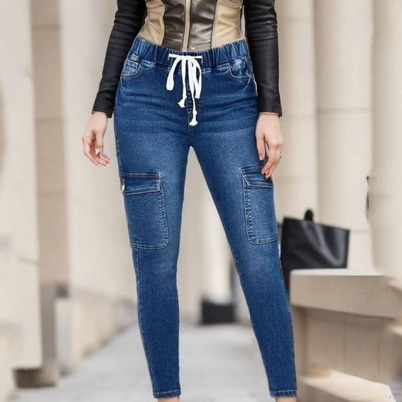 uublik High Waisted Jeans for Women Drawstring Jeggings Pants Stretchy Skinny Jean Leggings Embroidered Denim Pants, Dark Blue