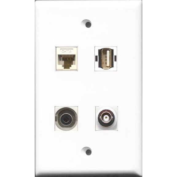 RiteAV 1 Port USB A-A and 1 Port 3.5mm and 1 Port BNC and 1 Port Cat6 Ethernet White Wall Plate