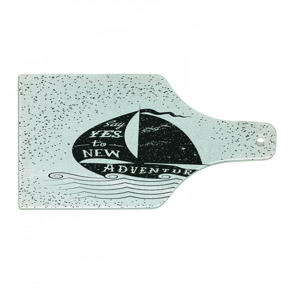 Nautical Cutting Board, Hand Drawn Boat on Wavy Ocean Say Yes to New Adventures Monochrome Design, Tempered Glass Cutting and Serving Board, Wine Bottle Shape, Black and White, by Ambesonne