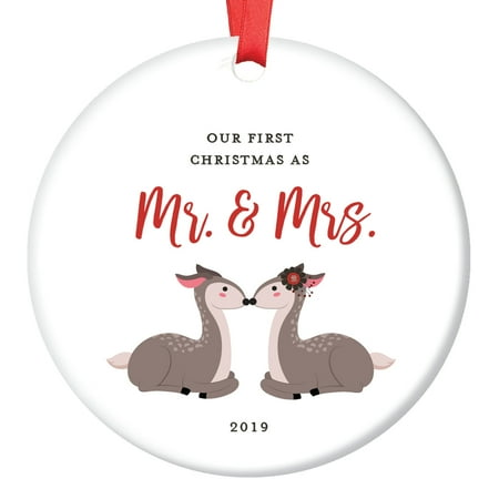 Gift For Wife First Christmas First Christmas Wedding Ornament 2019 1st Married Mr & Mrs Keepsake Gift Bride Groom Husband Wife Newlyweds Present Bridal Shower Woodland Deer Tree Decor Ceramic 3” Flat Circle Red Ribbon OR00748 ()