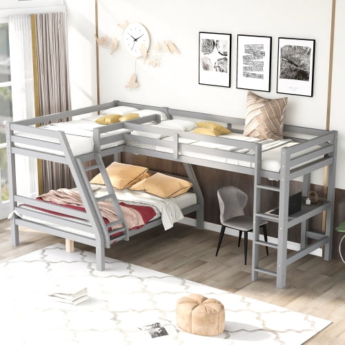 L Shaped Triple Bunk Bed For 3, Twin Over Full Bunk Bed And Twin Size Loft  Bed With Built-In Desk, Wooden Bunk Bed Frame For Children Teens Adults,  Gray - Walmart.Com