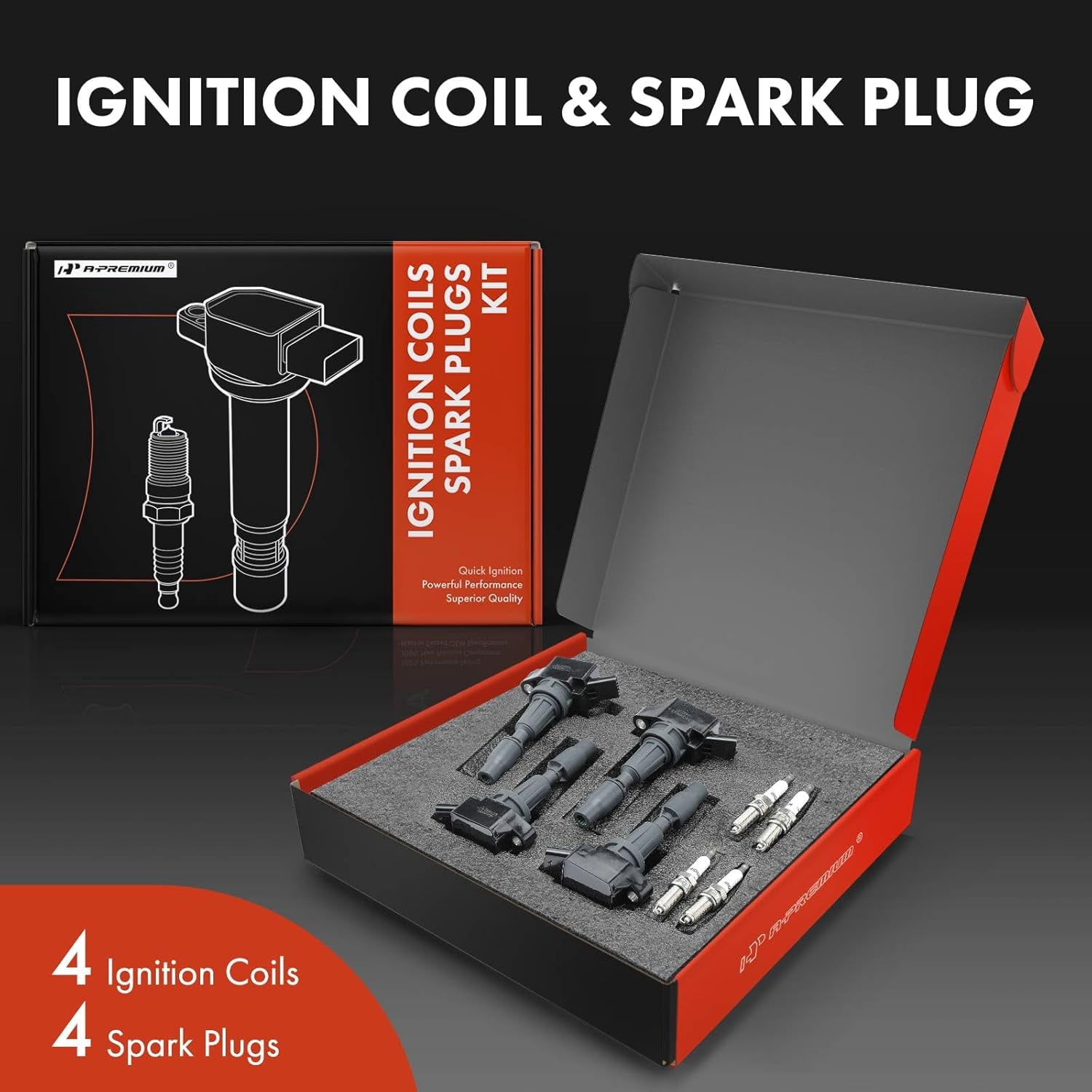 A-Premium Set of 4 Ignition Coil Pack and Iridium Spark Plugs Compatible with Hyundai Sonata 2015-2019, Santa Fe Sport 2016-2018, Tucson 2018-2020 & Kia Optima 2016-2020, Sorento, Sportage, Rondo