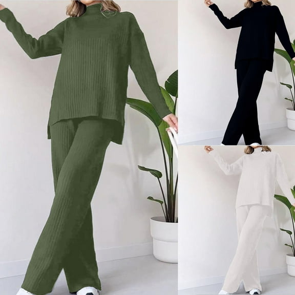 Jinhomg Women's 2 Piece Pajama Set Casual Loose Long Sleeve Turtleneck Pullover with Straight Leg Pants 2 Piece Comfy Lounge Outfits Spring Saving Today Army Green XXL