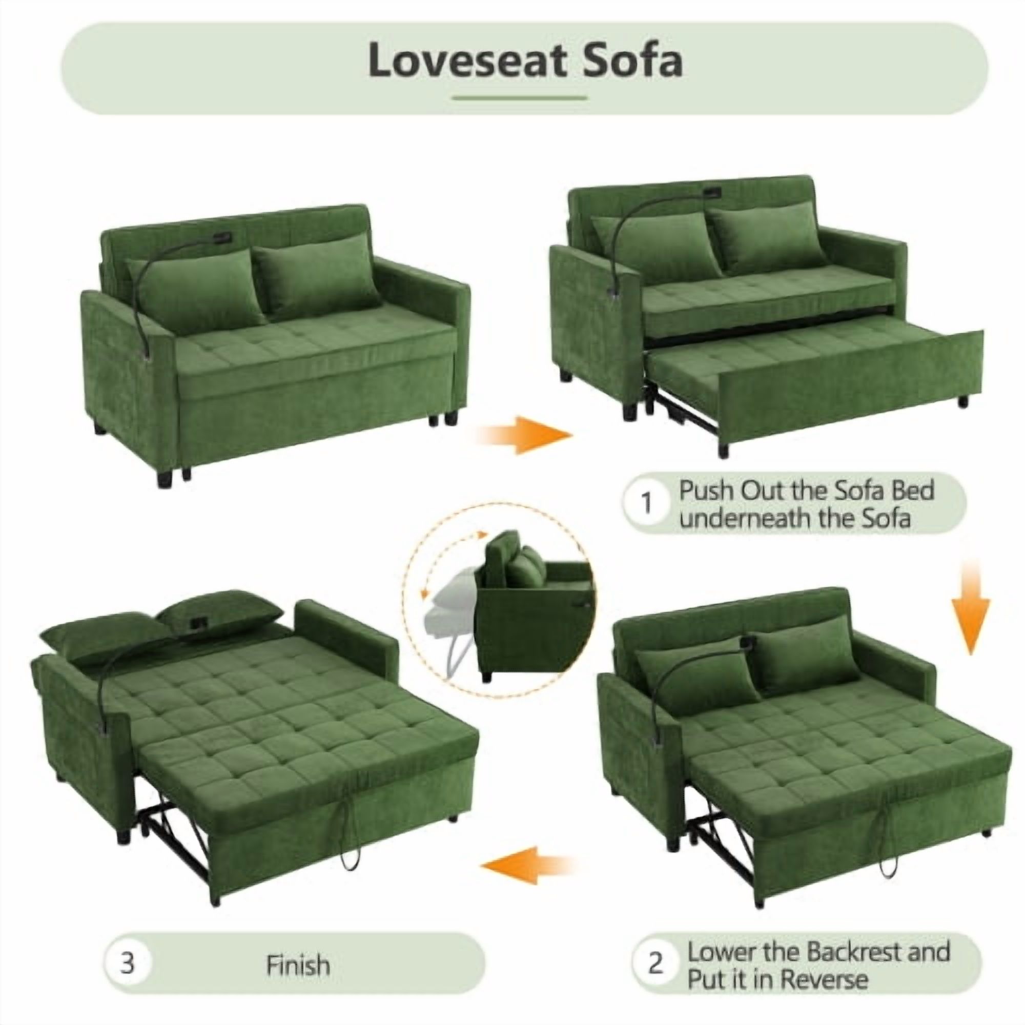 56.9" Loveseat Pull-Out Sofa Bed, Convertible Sleeper Sofa with Reversible Backrest, USB Ports & Phone Holder, Chenille Couch for Living Room, Green