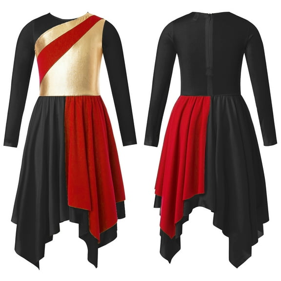 iiniim Kids Girls Long Sleeve Lyrical Performance Asymmetrical Dance Dress Red 12