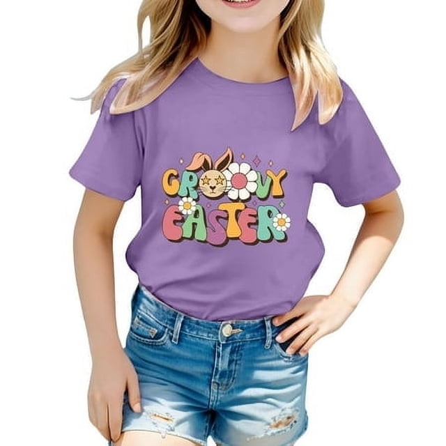 FhsagQ T-Shirt Graphique Mignon de Pâques pour Filles, Col Rond, Manches Courtes, Été, Décontracté, 4T Printemps Violet 1-2 Ans