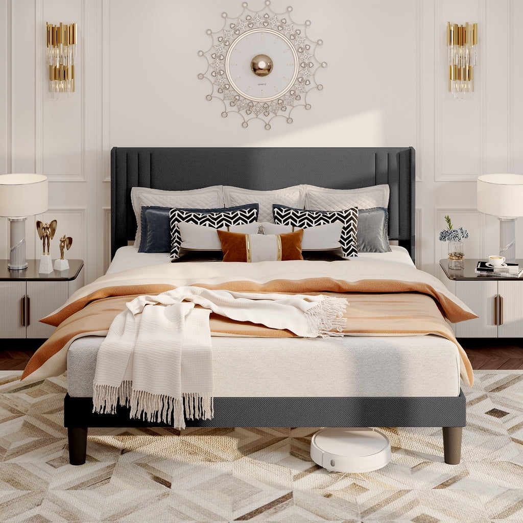 Aiho Queen Size Upholstered Platform Bed Frame with Sturdy Metal Frame, Modern Wingback Headboard - Dark Gray
