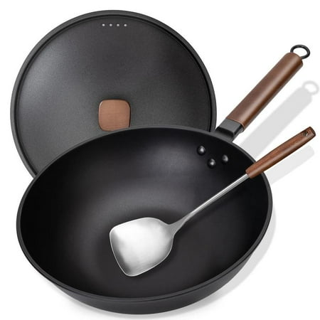 

Carbon Steel Wok 13 Inch Wok Pan with Lid and Spatula Nonstick Woks and Stir-fry Pans No Chemical Coated Flat Bottom Chinese Wok for Induction Electric Gas All Stoves