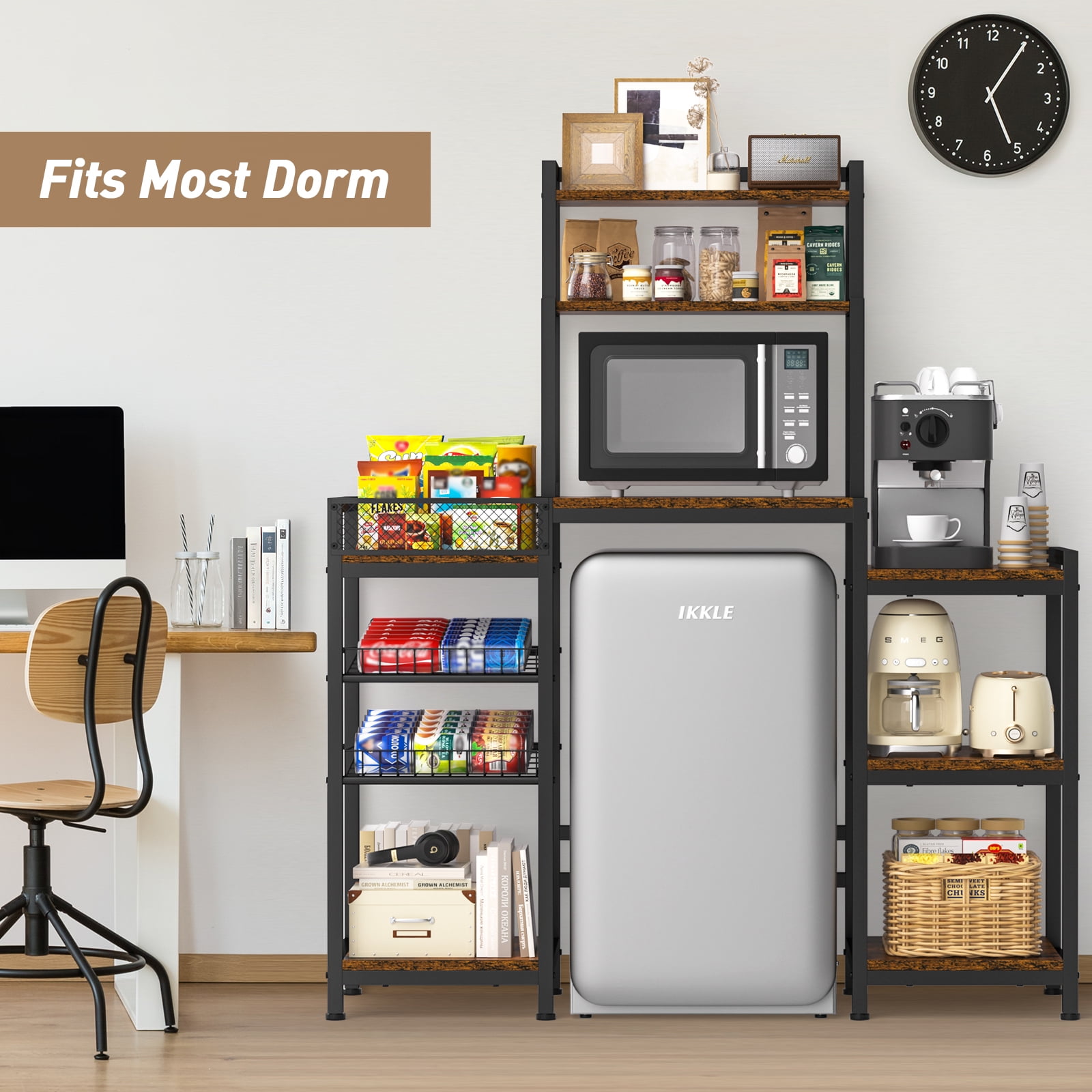 Large Storage Shelf with Mini Fridge & Microwave Stand, Cabinet Storage Space for Dorm Kitchen