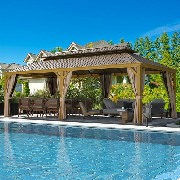 EROMMY 12' X 24' Hardtop Gazebo, Wooden Finish Coated Aluminum Frame Gazebo with Galvanized Steel Double Roof with Curtains and Netting