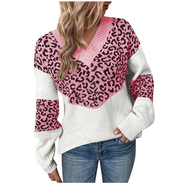 Suéteres Para Mujer Otoño Invierno Suéter de Punto Casual Patchwork Leopardo Manga Larga Suéter Con Cuello en V Abrigo Odeerbi ODB178294