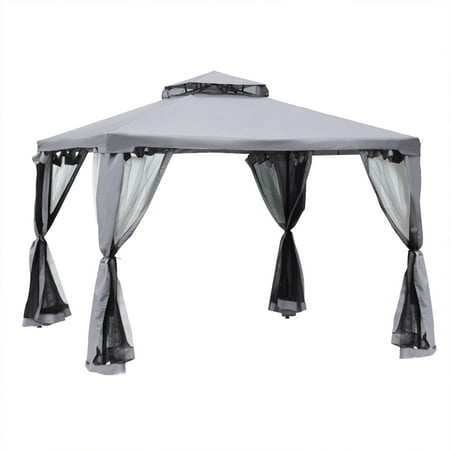 Outsunny Patio Gazebo with 2-Tier Roof and Netting Steel Frame for Garden Lawn Backyard Deck - Gray