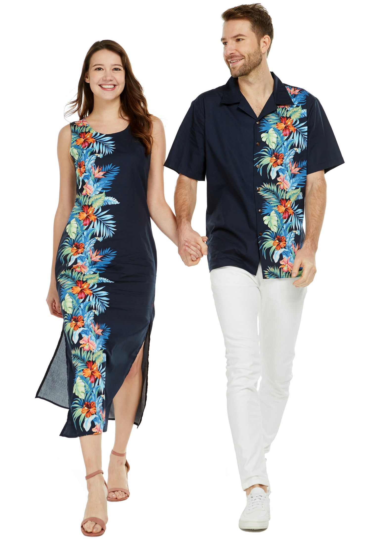 Couple Matching Luau Aloha Shirt Maxi Tank Dress Orchid Paradise Navy ...