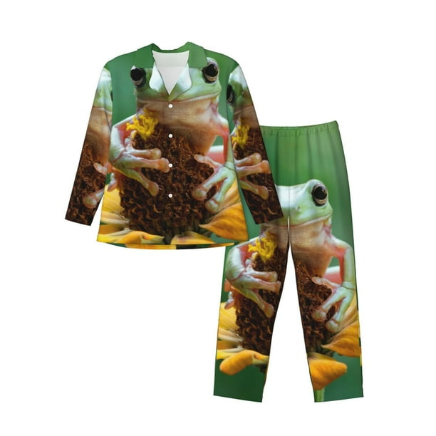 Fotbe Tree Frog Sitting On Sunflowes Pijama de Hombre con Estampado de Manga Larga, Conjunto de 2 Piezas, Ropa de Dormir Suave y Cómoda con Bolsillos-X-Large