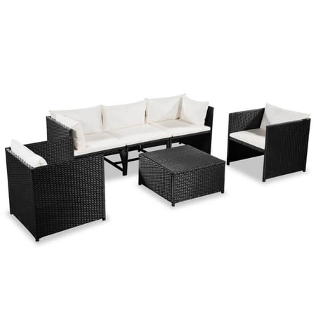 9 Piece Outdoor Sectional Garden Sofa Set Sectional 18 Pieces Water-Resistant Outdoor (Corner & Center Sofas & Coffee Table & Back Pillows Seat Cushions) Poly Rattan Black and Cream White ()
