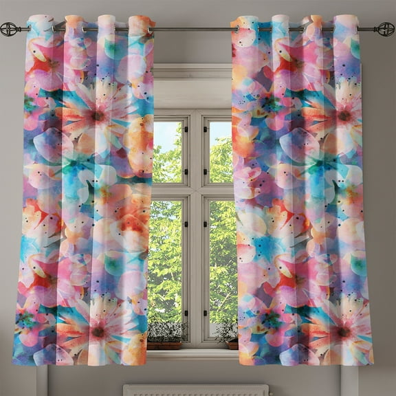 Ambesonne Floral Grommet Curtain, Blurry Look Abstract Flowers, 50"x60", Sky Blue Salmon and Pink