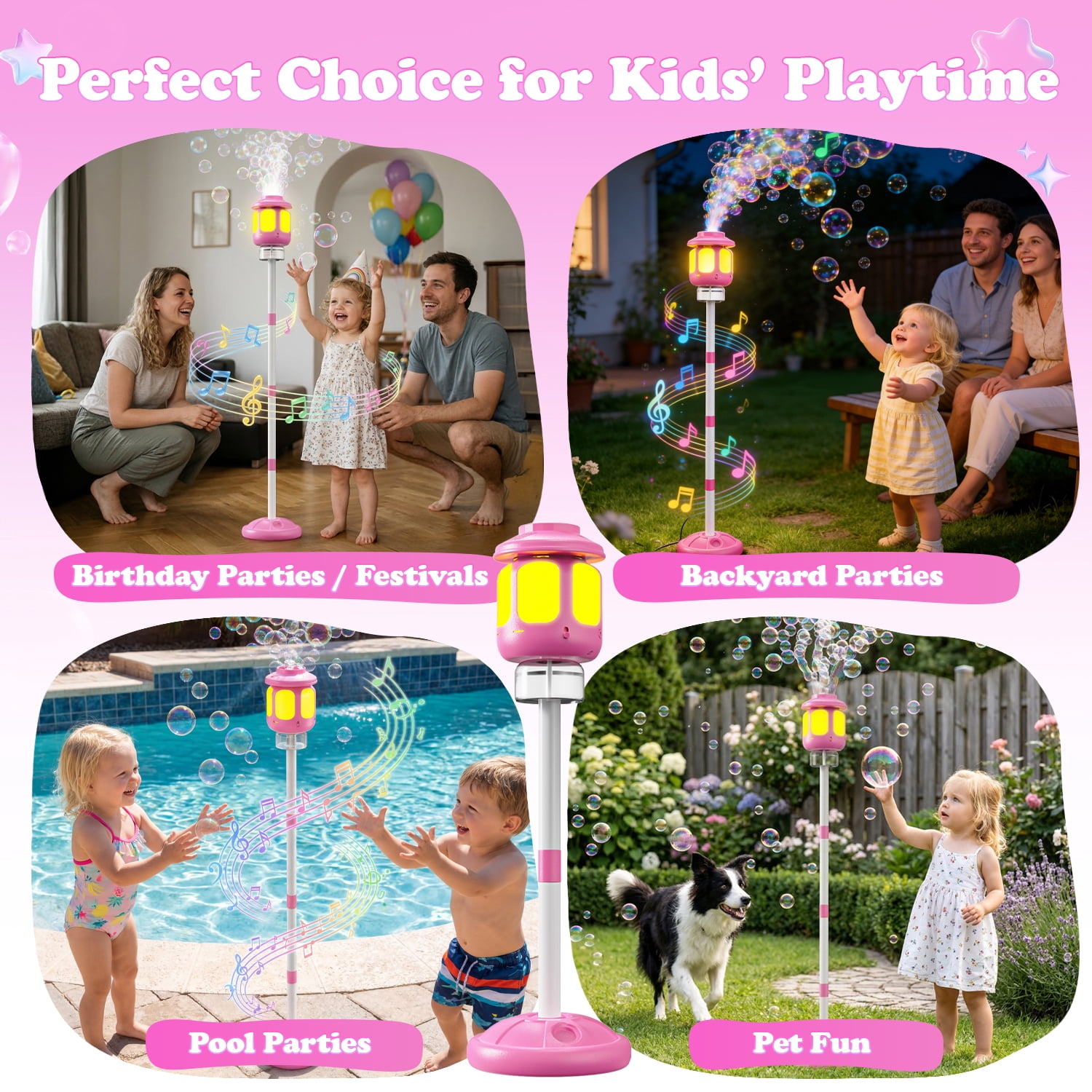 WonderStone Lamp Bubble Machine, Bubble Blower and Wand with Music & Lights, Equipped with 180 ml Bubble Solution and 4 Adjustable Heights, Summer Outdoor Toys for Toddlers, Pink