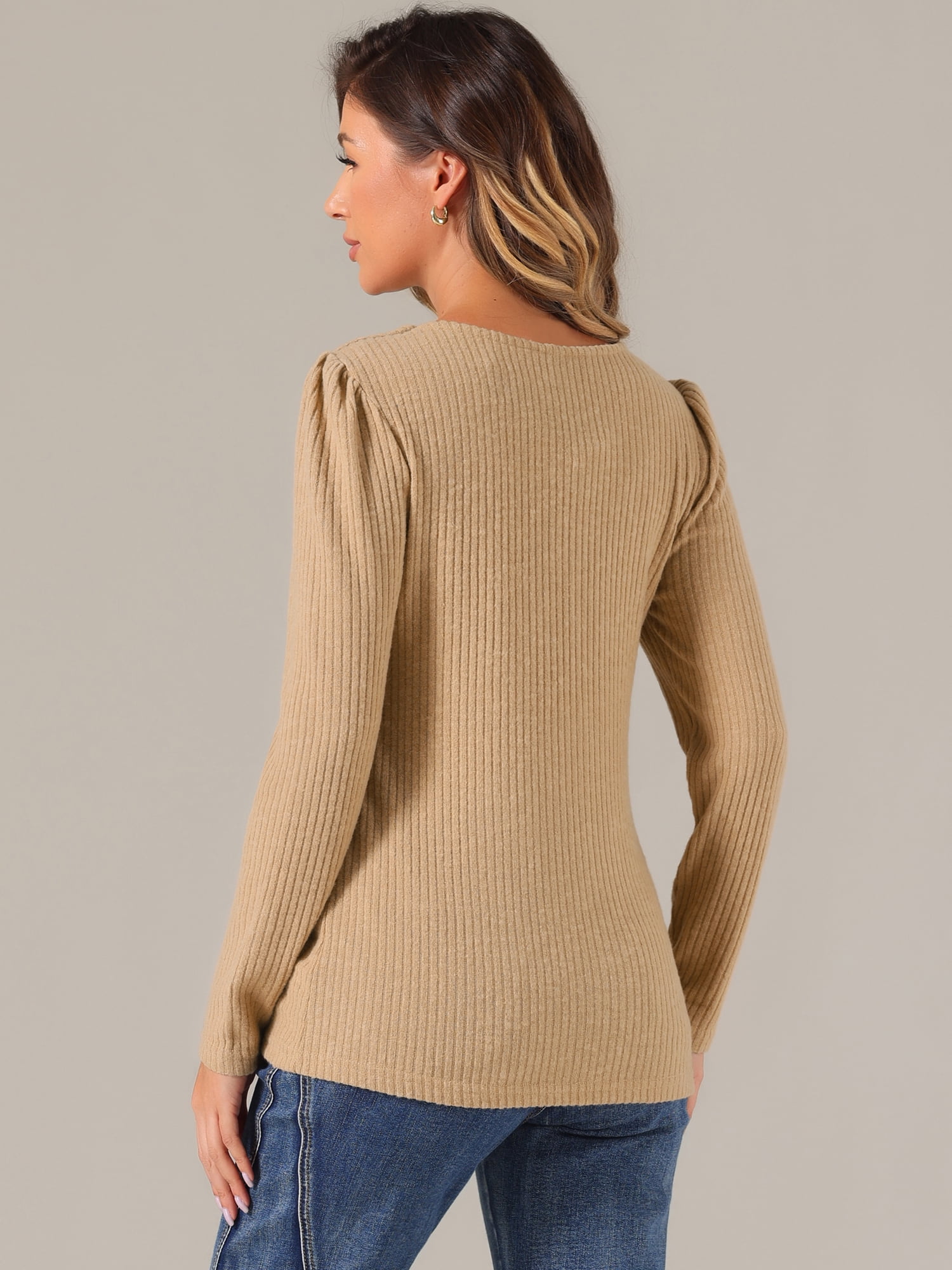 DARING DIVA Square Neck Sweaters Long Sleeve Top L Khaki