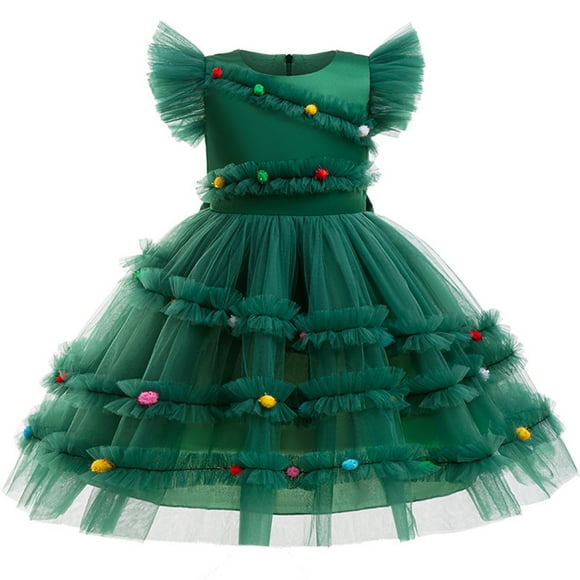 Rswnyirn Robe de Sapin de Noël pour Filles Enfants, Robe Tutu en Tulle à Mailles avec Nœud, Robe de Fête de Noël Xmas, Déguisement, Robes de Princesse Vert 100
