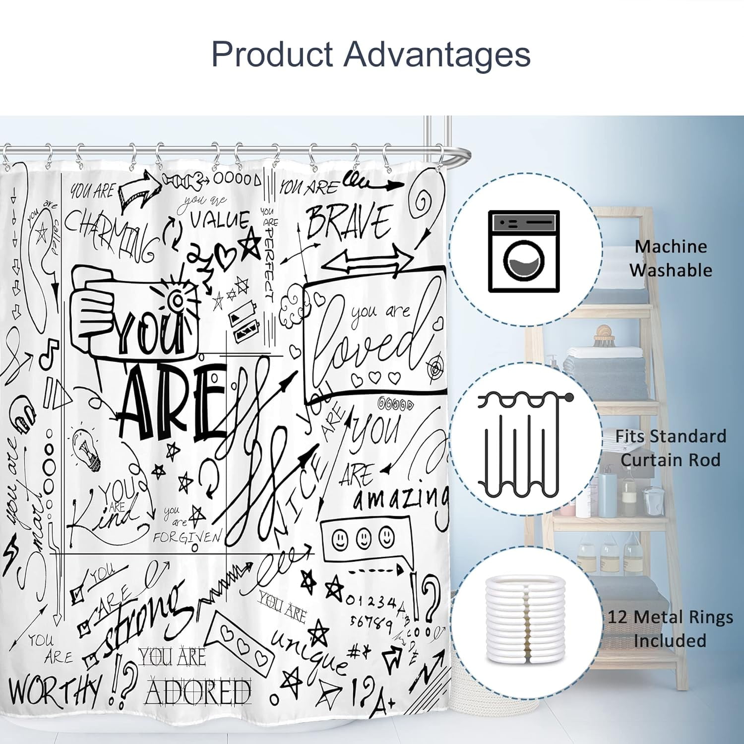 Teen Shower Curtain 72Wx84L Inch for Kids Funny Quotes Black White Inspirational You are Motivational Abstract Artwork Cloth Fabric Waterproof Polyester Bathroom Decor Set with 12 Pack Hooks