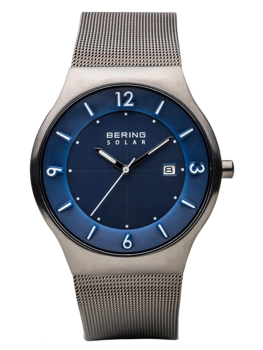 BERING - Bering Men's 14440-007 Solar Blue Dial Grey Mesh Bracelet ...
