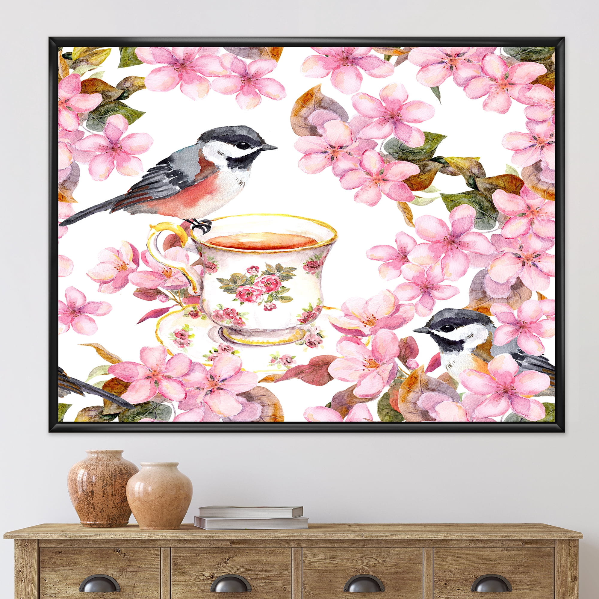 Designart 'Tea Cup Birds and Pink Flowers' Traditional Framed Canvas Wall Art Print
