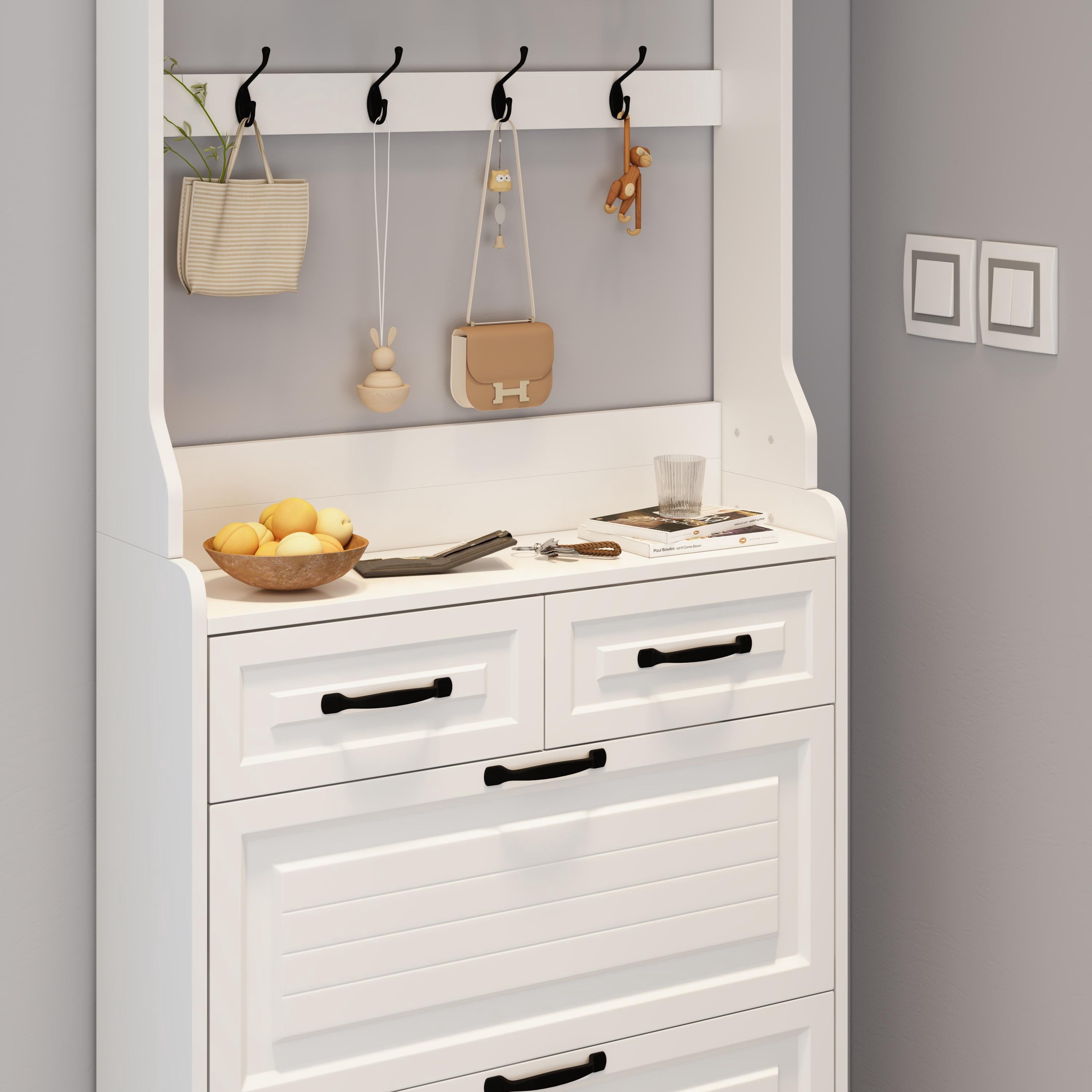 PORKISS Shoe Cabinet, Wooden Shoe Rack with 3 Doors and 2 Drawers,  Modern Tall Storage Organizer Hold to 28 Pairs Shoe for Entryway, White