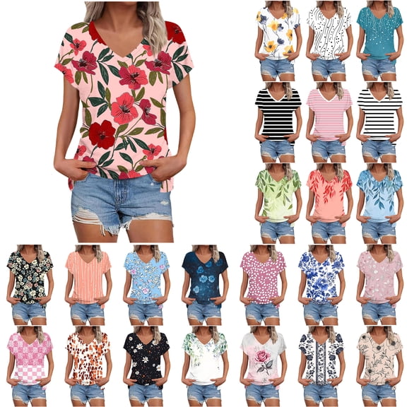 NSLGXD Women's T Shirts Summer V Neck Short Sleeve Blouses Plus Size Graphic Tees Flowy Elegant Tshirt Top S-3XL Pink Top