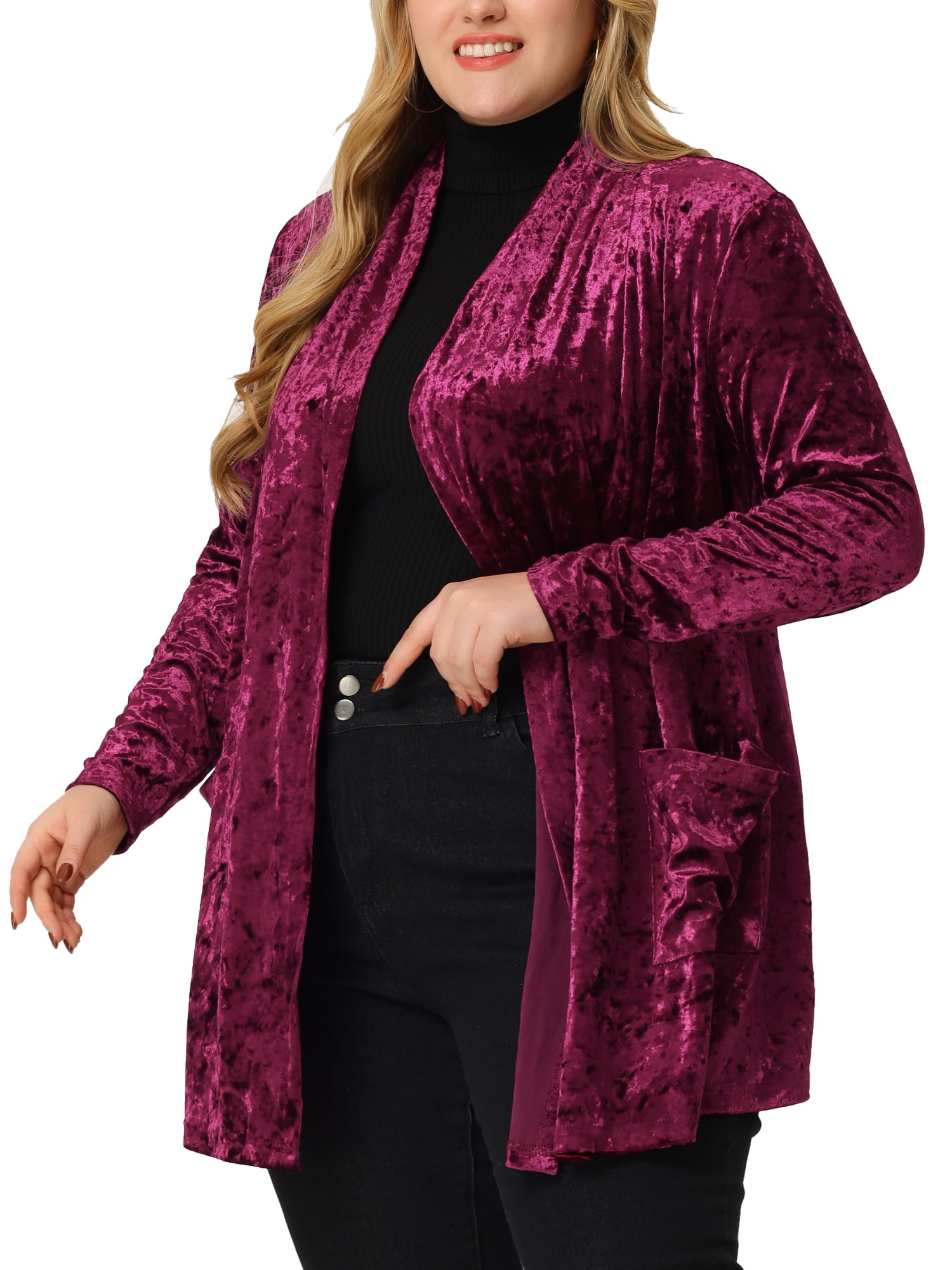 Unique Bargains Women's Plus Shawl Collar Pocket Open Front Velvet Cardigans Sweaters 1X Wine