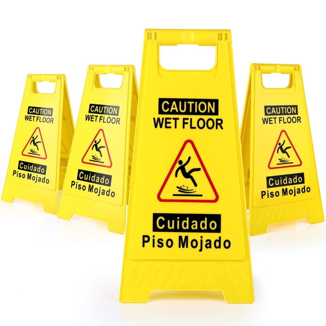 4-Pack Caution Wet Floor Sign,17.5" Height,Bright Yellow Double-Sided Folding A-Shaped Frame Design, Bilingual Caution Message