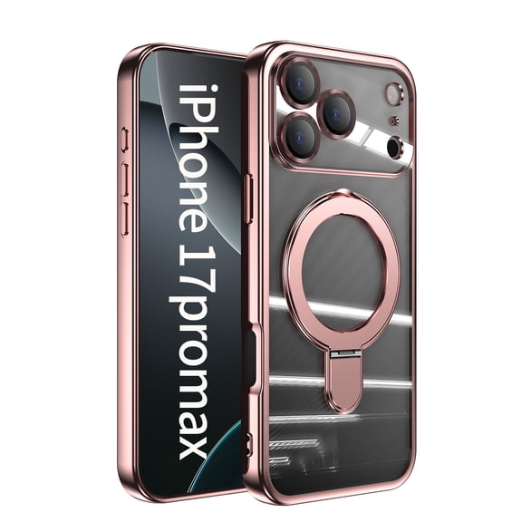 Allytechgroup Case for Apple iPhone 17 Pro Max [Compatible with MagSafe], 360° Rotatable Invisible Magnetic RingStand [Camera Lens Protector] Plating Clear Shockproof Phone Cover,Rosegold