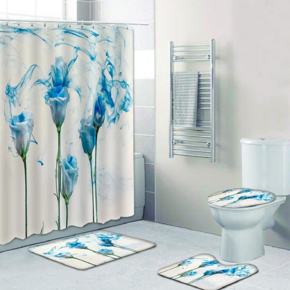 4Pcs Bathroom  Shower Curtain Set Non Slip Rug Bath Mat Carpet Toilet Lid Cover 