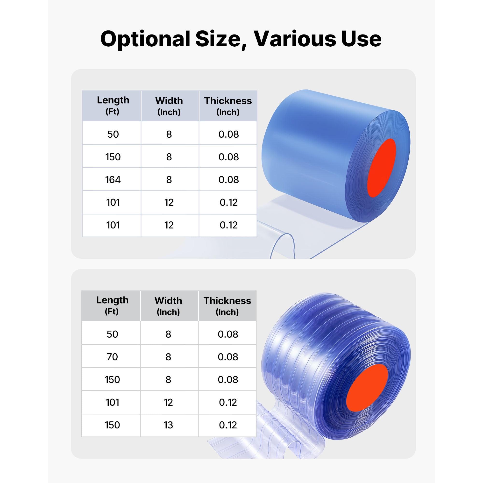 KFFKFF Clear PVC Strip Curtain, 150 ft Roll x 12 in Wide, Ribbed Plastic Strips for Walk-In Freezers, Coolers, and Doorways in Supermarkets, Garages, Warehouses, or Animal Shelters