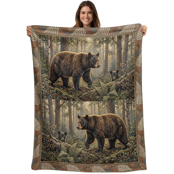 Throw Blanket Forest Bear Blankets and Throws, Animal Sunlight Tree Leaves Blanket for Couch Bed Sofa Chair, Soft Cozy Warm Flannel Fleece Blankets for All Season Home Decor 40x50 Inch