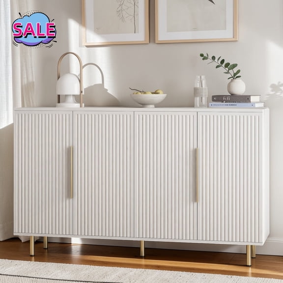 Hassch 56.7 inch Buffet Sideboard with 4 Doors, Kitchen Storage Cabinet, Coffee Bar Cabinet with Adjustable Shelves, Credenza for Dining Room, Living Room, Entryway, White
