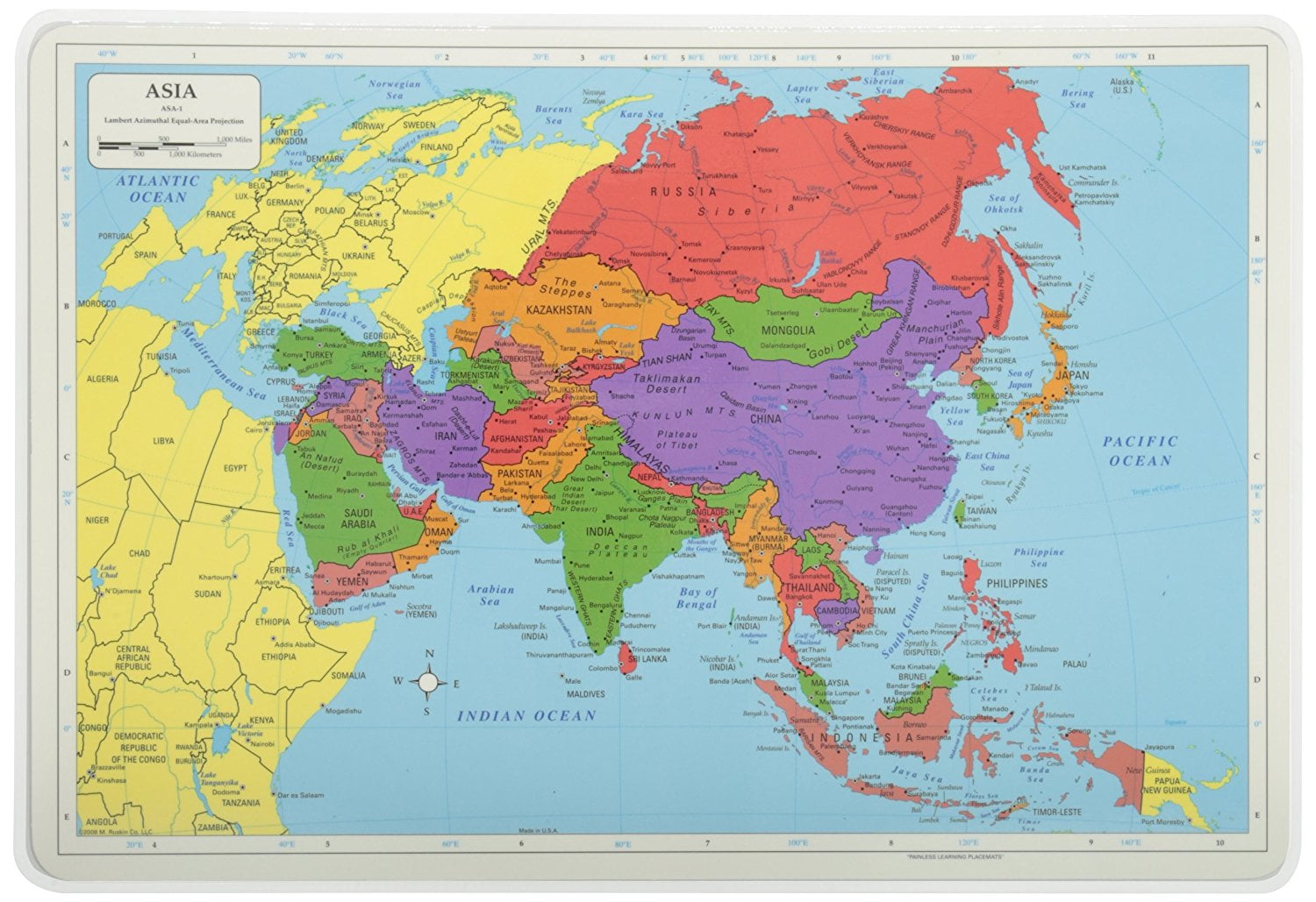 Painless Learning Educational Placemats Sets USA Africa Asia and Europe Maps Non Slip Washable