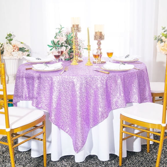 Wedding Linens Inc. 72" x72" Square Sequin Glitz Table Overlay Toppers Tablecloth - Lavender