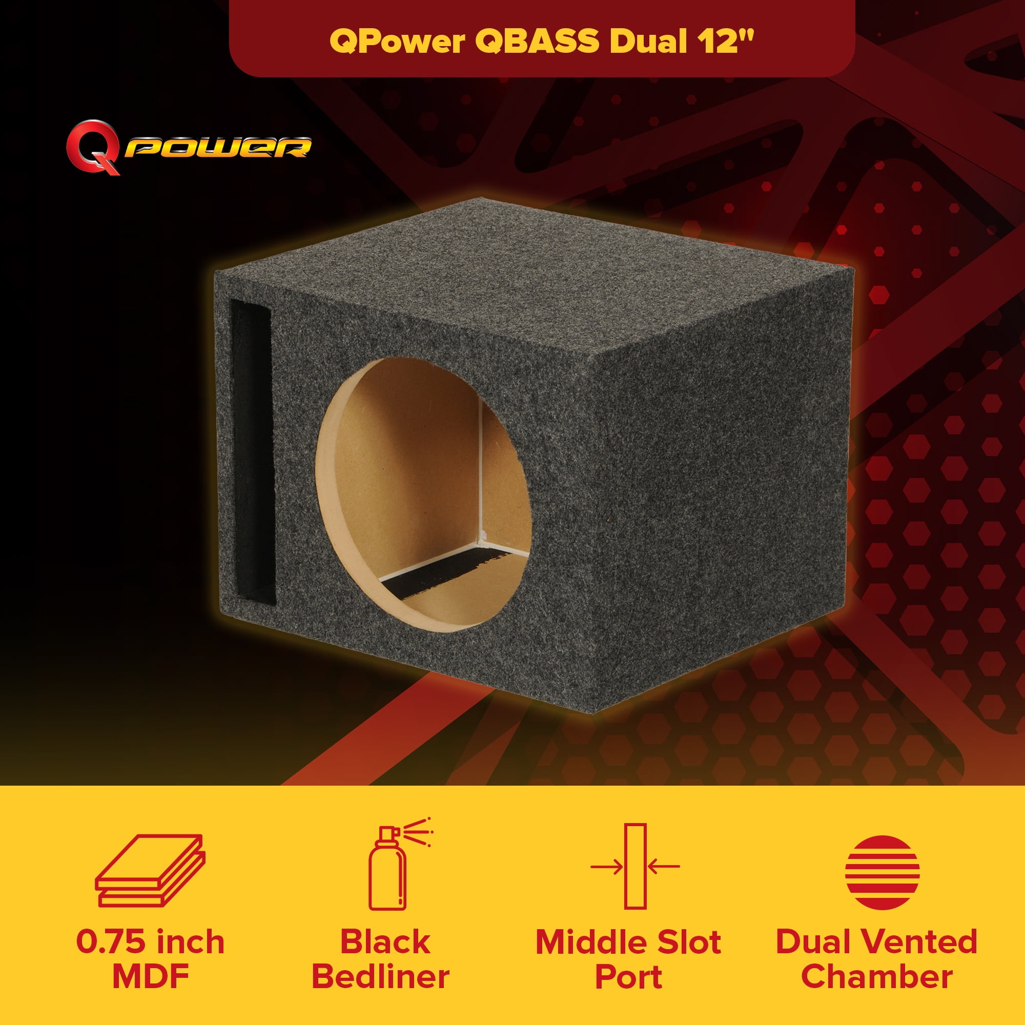 QPower QBASS Dual Vented 12 Inch Single Subwoofer Enclosure Box, Charcoal