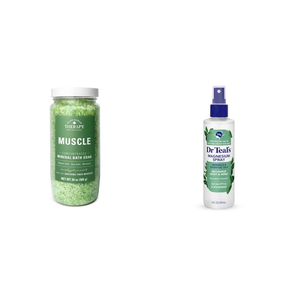 Village Naturals Therapy Muscle Relief Concentrated Mineral Bath Soak, Eucalyptus Mint & Dr Teal's Relax & Relief Magnesium Spray with Eucalyptus & Spearmint Essential Oils Bundle