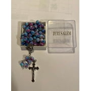 Catholic Holy Soil & Cross Crucifix Royal Blue Crystal Beads Rosary Necklace