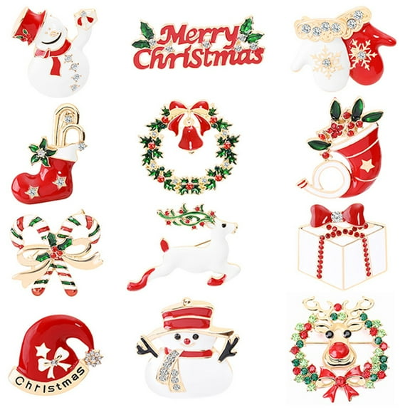 12 Pcs Christmas Crystal Brooches Kit Cute Deer Bells Socks Pin Badges Xmas Present Embellishment