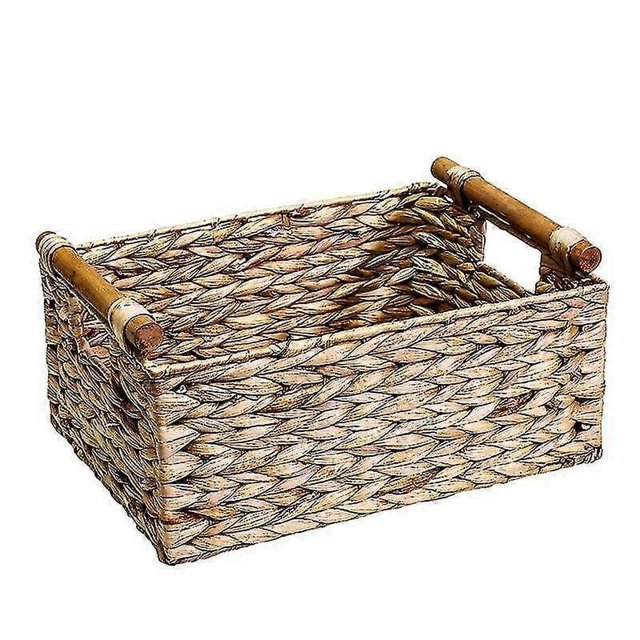 Wicker Basket Rectangular with Wooden Handles for Shelves,Water Hyacinth Basket Storage,Natural Bas