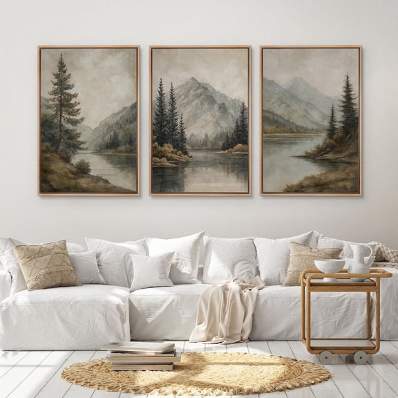 UNFFRAMED Mountain Lake Wall Art Set Of 3, Pine Tree & River Prints, Neutral Nature Landscape Decor For Rustic Living Room Or Bedroom Set 3 Prints 8x12