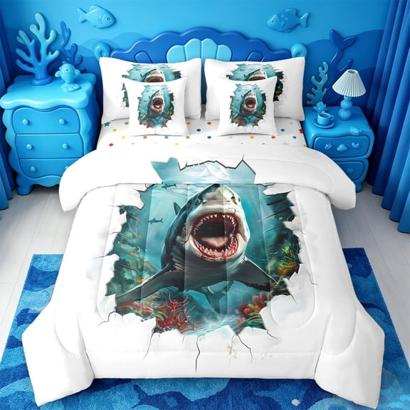 jejeloiu 3D Ocean Shark Print 7-Piece Twin Bedding,Coral Reef Pattern Bedding Comforter Set For Boys,White Blue,Polkadot Reversible