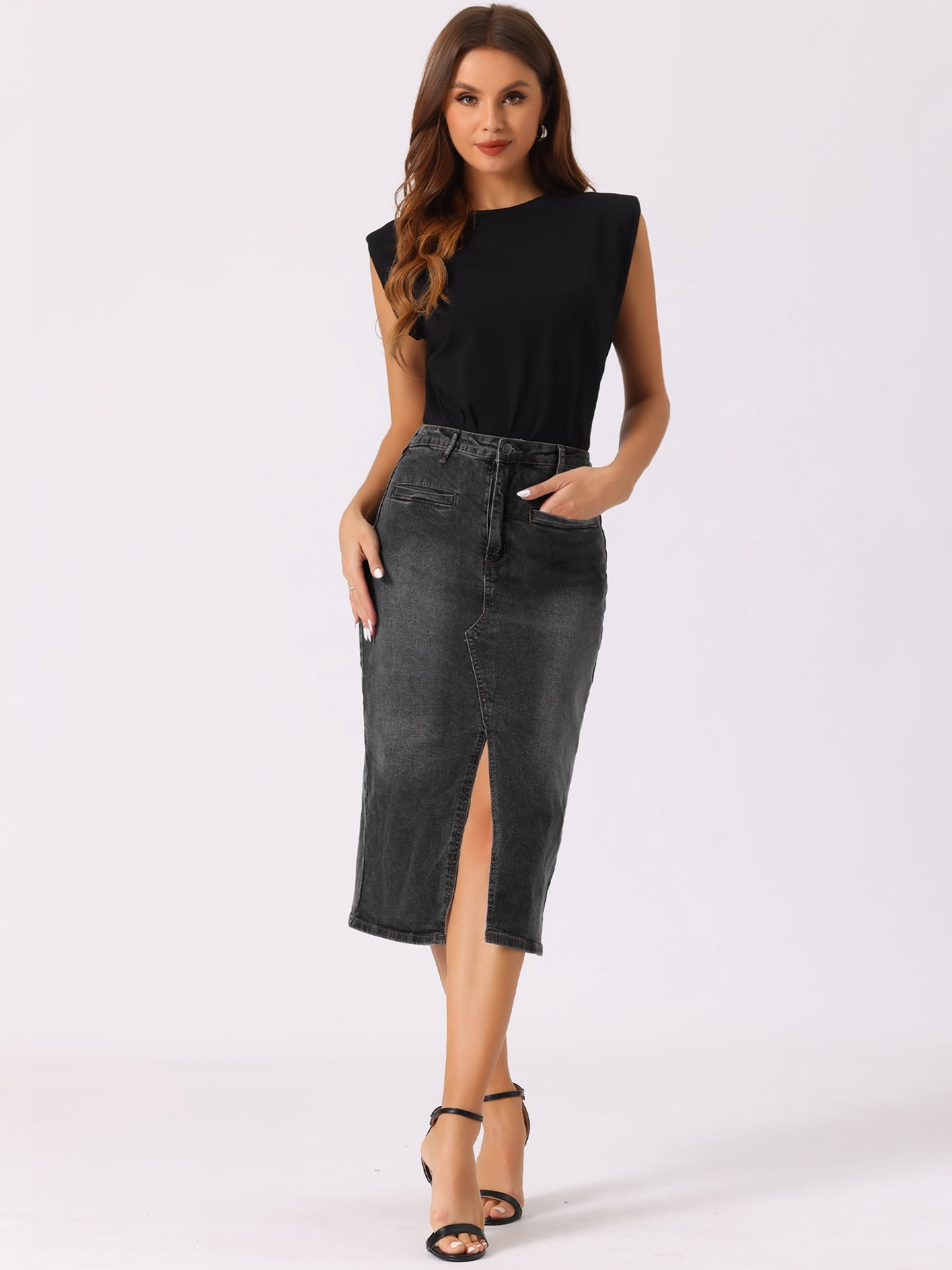 DARING DIVA Women's Slit Front Washed Jean Midi Skirts with Pockets S Dark Gray